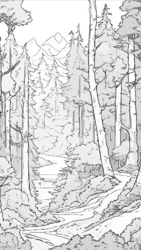 Drawing Of Forest, Forest Sketch, Forest Coloring Pages, Forest Coloring Book, Forest Coloring, Drawing Scenery, Forest Drawing, Landscape Painting Tutorial, Scene Drawing