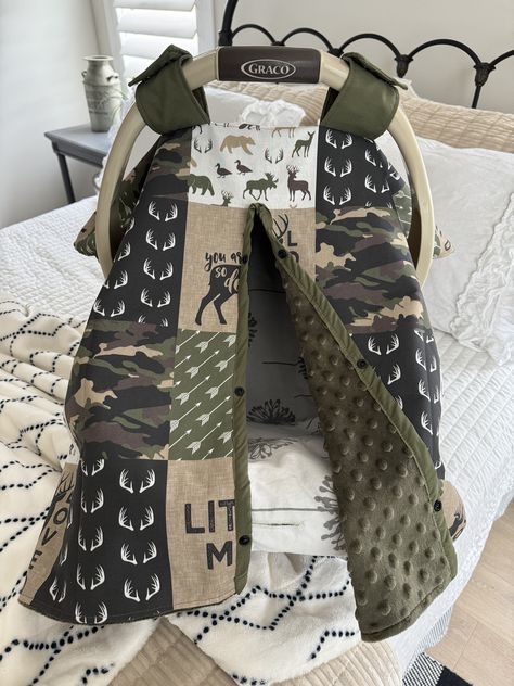 We're adding new cute and unique designer fabrics for our Baby Carseat Covers!   Little Man & Camo ! This listing is for the Baby Carseat Cover shown in this adorable Little Man woodland animal print.   Can be made in all cotton or with soft minky (see color choices in the pix).  We think black, olive green or tan, maybe gray would be great choices for the inside.  It would be trimmed in black or green.   This can also be personalized onto a black patch with a name or initials using white, olive, gray or any color lettering.  Using the drop down menu, you can select how you want your cover.  When you check out, please leave a note with the colorway and name that you want - We'll see that on your order. A matching blanket can be added - message me to bundle it together with the carseat cove Baby Boy Car Seats, Baby Canopy, Car Seat Canopy, Woodland Deer, Western Babies, Baby Car Seat, Infant Car Seat Cover, Boy Car, Carseat Canopy