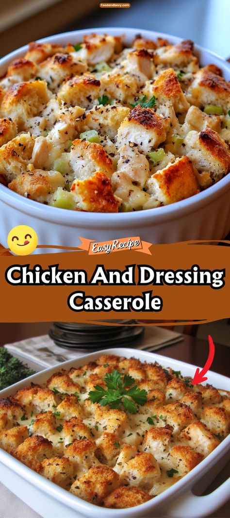 Enjoy the comforting taste of Chicken and Dressing Casserole, a delightful blend of creamy chicken, herbed stuffing, and vegetables all baked into one delicious dish. It's like Thanksgiving dinner any day of the week, perfect for satisfying your comfort food cravings. #ChickenCasserole #ComfortFood #EasyDinner Beyond The Chicken Coop Recipes, Chicken And Filling Casserole, Chicken Casserole With Cream Of Chicken, Chicken And Dressing Casserole Recipes, Amish Chicken And Stuffing Casserole, Chicken And Cornbread Dressing Casserole, Heart Healthy Chicken Casserole Recipes, Chicken And Dressing Casserole Stove Top, Chicken Casserole Freezer Meals