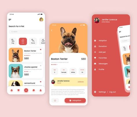 This app is about pet, Using this app you can buy a pet. Also there are many types of pet, that you can see in UI screes. Pet App Ui Design, Pet App Design, Dog Apps, Personal Project Ideas, App Home Screen, Dog Cots, Ui Ux 디자인, Pet Finder, App Design Layout