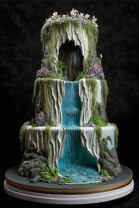 A three tiered cake decorated with a waterfall descending from a cave on the top tier. Novelty Wedding Cakes, Waterfall Cave, Waterfall Cake, Three Tiered Cake, Cave Wedding, Vintage Birthday Cakes, Fantasy Cake, Tiered Cake, Crazy Cakes