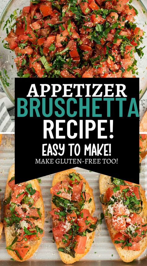 appetizer recipe perfect for holidays bruschetta can be made gluten free too Bruschetta On Baguette, Fresh Basil Appetizers, Vegetarian Crostini Appetizers, Bruschetta Toast Recipe, Appetizers With Basil, Bruschetta Appetizer Party Ideas, Fresh Bruschetta Recipe, Easy Bruschetta Appetizers, Homemade Bruschetta Recipes