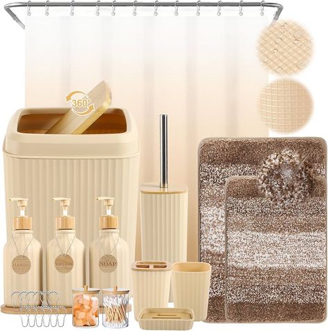 Amazon.com: Bathroom Set 17PCS Beige Bathroom Accessories Set Bathroom Sets with Trash Can 3PCS Lotion Soap Dispenser, Toothbrush Holder,6PCS Wood Tags Bathroom Accessories for Kitchen Bathroom : Home & Kitchen Lush Bathroom Decor, Black And Beige Bathroom Decor, Grey And Cream Bathroom, Tan Bathroom Decor, Modern Boho Bathroom Decor, Brown And Beige Bathroom, Bathroom With Gold Accents, Bathroom Decor Brown, Brown And Gray Bathroom