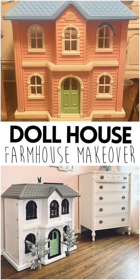 Little Tike Doll House Farmhouse Makeover- how to paint old doll house. DIY Project, craft idea. White how to Dolls House Upcycle Ideas, Toy House Makeover, Upcycle Barbie House, Melissa Doug Dollhouse Makeover, Gingerbread Dollhouse Ideas, Doll House Upcycle, Toy Makeover Diy, Diy Toy Makeover, Farmhouse Dollhouse Diy