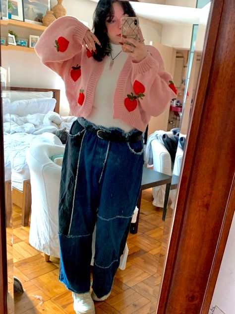 Strawberry Sweater Outfit, Strawberry Sweater, Sweater And Jeans Outfit, Sweater And Jeans, Pink Strawberry, Sweaters And Jeans, Sweater Fashion, Pink Sweater, Jean Outfits