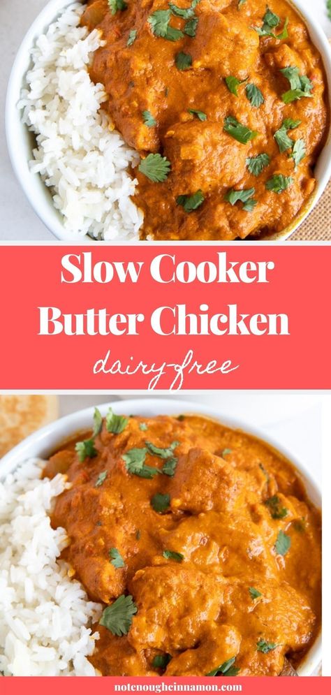 Learn how to make a tasty, restaurant-style Paleo Slow Cooker Chicken at home and ditch the premade sauce for good. Juicy chunks of chicken in a flavorful creamy savory and dairy-free Indian gravy! Eating well can be so easy!  #slowcookerrecipes #paleorecipes #butterchicken #cleaneating #dairyfree Non Dairy Butter Chicken, Crockpot Chicken Recipes Indian, Lactose Free Crockpot Meals, Dairy Free Butter Chicken Crockpot, Crock Pot Meals Gluten Free Dairy Free, Dairy Free Chicken Slow Cooker Recipes, Non Dairy Slow Cooker Recipes, Dairy Free Chicken Tenderloin Recipes, Crockpot Recipes Dairy Free Gluten Free