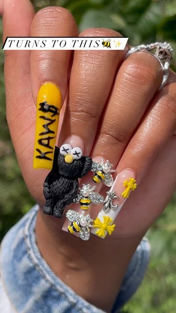 Yellow Kaws Nails, Yellow Kaws, Kaws Nails, Graduation Things, Bee Nails, Nyc Nails, La Nails, Nails Gold, Yellow Nails