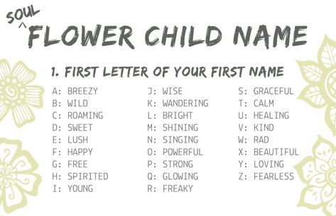 Get your Flower Child Name from Soul Flower with our hippie name generator - We make cool hippie threads for kind heads everywhere. Flower Names For Boys, Names That Mean Flower, Hippie Names For Boys, Writing Generator, Hippie Baby Names, Flower Child Quotes, Festival Names, Hippie Names, Funny Name Generator