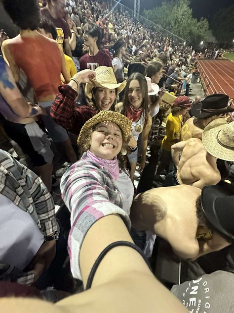 friday night lights football pic inspo stadium high school western theme cowboy outfit inspo aesthetic #football #school #cowboys #western #outfits #fridaynightlights Western Football Theme Outfit, Fb Games, Spirit Week Outfits, Football Game Outfit, Football Themes, Friday Night Lights, Spirit Week, Cowboy Outfits, Western Theme