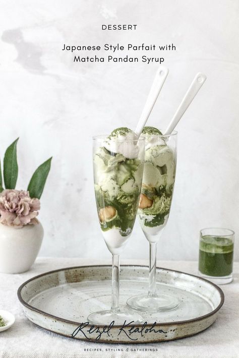 Japanese Style Parfait with Matcha Pandan Syrup #Japaneseparfait #parfait #matcha #icecream #pandan #sundae Japanese Parfait, Matcha Parfait, Filipino Sweets, Car School, Pandan Cake, Nice Cream Recipe, Japanese Desserts, Parfait Breakfast, Parfait Recipes