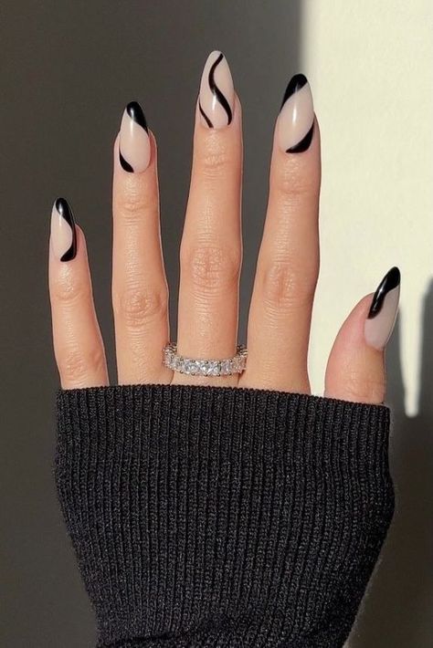 Tan Nails With Black Design, Tan Nails, 2024 Nails, Gelish Nails, Black Nail, Black Nails, Almond Nails, Black Design, Quince