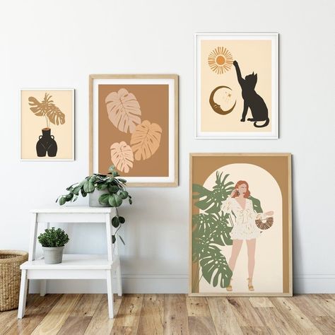 Bed Gallery Wall, Apt Aesthetic, Prints Above Bed, Room Decor Neutral, Boho Art Prints, Earth Tone Wall Art, Decor Gallery Wall, Boho Prints, Terracotta Wall