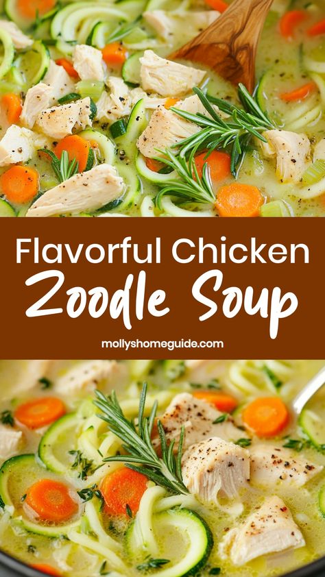 Warm up with a comforting bowl of homemade chicken zoodle soup tonight! This easy recipe is packed with flavor and nourishing ingredients, making it the perfect meal for chilly days. With tender chicken, vibrant veggies, and satisfying zucchini noodles, this soup is a tasty twist on a classic favorite. Whether you're looking for a cozy dinner or a healthy lunch option, this chicken zoodle soup has it all. Soup With Zucchini And Chicken, Chicken Zucchini Soup Recipes, Chicken And Zoodle Recipes, Protein Chicken Noodle Soup, Veggie Chicken Noodle Soup, Low Carb Chicken Noodle Soup, Zoodle Recipes Healthy, Chicken Noodle Soup Recipes, Zoodle Soup