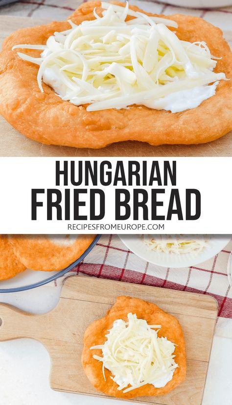 Want to make Hungarian street food? Lángos is for you! Hungarian fried bread is deliciously deep-fried with garlic cream sauce and cheese! #hungarianrecipes #streetfoodrecipes Hungarian Fry Bread, Hungarian Fried Bread, Easy Hungarian Recipes, Hungarian Street Food, Hungarian Pizza, Hungarian Recipes Traditional, Hungarian Bread Recipe, Fried Bread Recipes, Langos Recipe