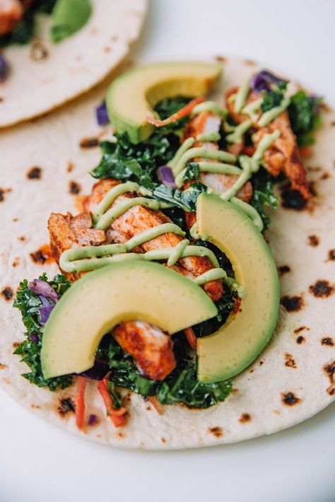 Delicious Chicken Tacos with Cilantro Lime Kale Slaw Recipe to enjoy for lunch. #tacos #avocado Pineapple Chicken Kebabs, Lunch Tacos, Spicy Fish Tacos, Kale Slaw, Spicy Shrimp Tacos, Cilantro Lime Slaw, Chicken Tacos Easy, Slaw Recipe, Cilantro Lime Dressing