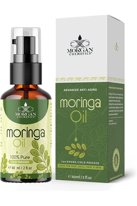 Morgan Cosmetics 100% Pure Organic Moringa Seed Oil (60ml/2 fl. oz) Cold Pressed Unrefined Anti-aging Natural Moisturizer for Nail, Face, Body, Massage, Wrinkles and Hair &amp; Skin Care Soft Smooth Skin, Skin Care Benefits, Pure Aloe Vera, Moringa Oil, Moroccan Argan Oil, Facial Muscles, Natural Moisturizer, Oils For Skin, Cold Pressed