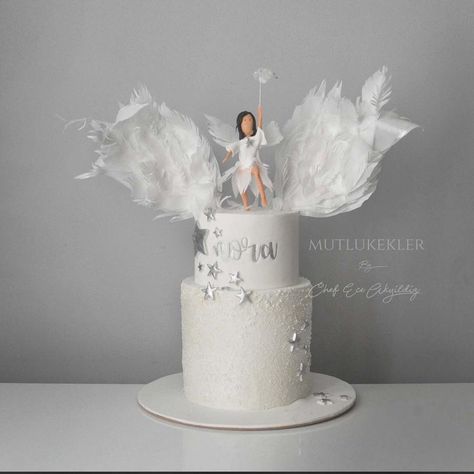 Angel theme cake by Ece Akyildiz Angel Theme Cake, Angel Cake Design, Angle Cake, Super Cool Cakes, Fancy Birthday Cakes, Angel Party, Baby Shower Cake Designs, Happy Birthday Angel, Vintage Birthday Cakes