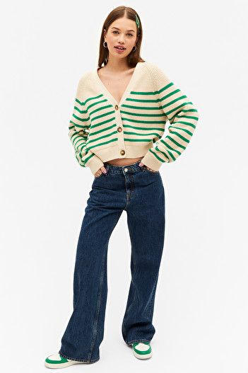 Green striped chunky cropped cardigan - Bright green stripes - Monki IE Striped Art, Perfect Cardigan, Chunky Knit Cardigan, Green Cardigan, Blue Cardigan, Cropped Cardigan, Green Stripes, Bright Green, Light Beige