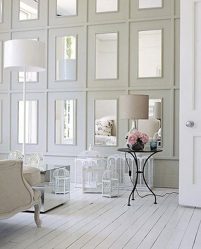 30+ Ways to Decorate with Mirrors - The Cottage Market. You could spin this wall idea so many ways! Mirror Molding, Mirror Panel, Mirrored Wall, Design Del Prodotto, White Rooms, White Furniture, 인테리어 디자인, Design Interior, Home Interior