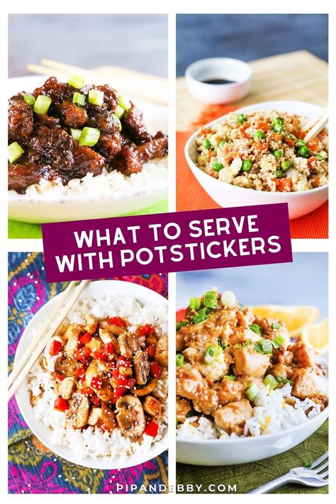 Pinterest collage of 4 photos with text overlay what to serve with potstickers. Meal With Potstickers, Potstickers Dinner Ideas, Potsticker Meal Dinners, Sides For Potstickers, Potstickers Meal Ideas, Potstickers And Sides, Potstickers And Rice, Pot Stickers Meal Ideas, Meals With Potstickers