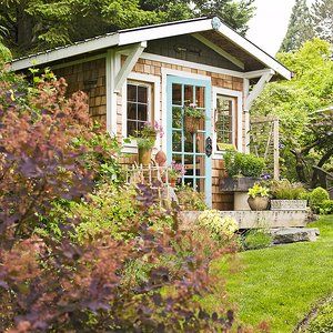 Blue Painted Door, Farmhouse Sheds, Cottage Garden Sheds, Cool Sheds, Backyard Fort, Cedar Shingle, Cheap Landscaping Ideas, Shake Siding, Window Garden