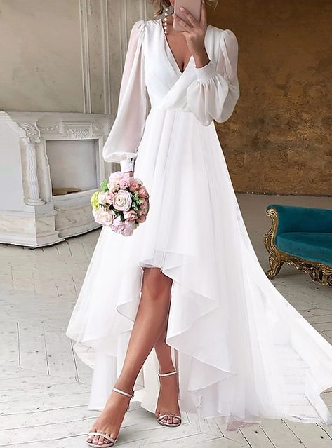 Vow Renewal Dress 30th Anniversary, Short Flowy Wedding Dress, Wedding Dresses For Older Brides Over 50, 2nd Wedding Dress Over 40 Not White, 2nd Wedding Dress Over 40, White Dress Casual Wedding, Hi Low Wedding Dress, High Low Wedding Dress, Asymmetrical Wedding Dress