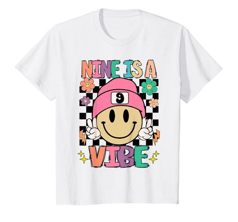 PRICES MAY VARY. Celebrate turning nine with style! This "nine is a Vibe" design features a cheerful smiling face wearing a pink hat, with groovy flowers and stars, perfect for 9 year old girls' birthday parties or just to spread positive, vibrant vibes every day. Make your daughter's 9th birthday memorable with this fun, colorful tee. Ideal for photoshoots, school events, or family gatherings. This is also a fantastic present for any girl who loves smiling faces, and playful designs. Lightweigh 5th Birthday Girl, Five Is A Vibe, 5th Birthday Girls, Groovy Flowers, Smiling Faces, School Events, Smiling Face, Pink Hat, 9th Birthday