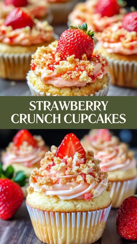 A perfect bite of nostalgia—Strawberry Crunch Cupcakes combine a creamy, dreamy strawberry flavor with a satisfying crunch for a sweet treat like no other! 🍓🧁 #StrawberryLove #CrunchyGoodness #CupcakeDelight #NostalgicTreat #BerryBliss #SweetCravings #CupcakePerfection #DessertGoals #BerryCrunch #TastyBites 🍓🧁 Strawberry Flavored Cupcakes, Strawberry Jello Cupcakes, Strawberry Cheesecake Cupcakes Recipe, Strawberry Cupcake Ideas, Strawberry Themed Cupcakes, Sprinkled Cupcakes, Unique Cupcake Recipes, Strawberry Crunch Ice Cream, Jello Cupcakes