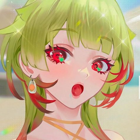 Green Profile Picture, Amino Pfp, Green Profile, Anime Nerd, Anime Drawings Tutorials, Art Icon, Red Eyes, Green Hair, Pictures To Draw