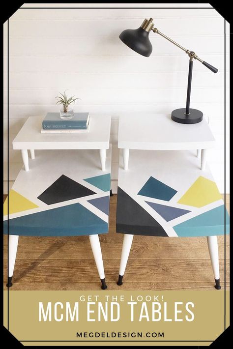 These two-tier mid-century modern end tables got a total makeover with some painters tape, annie sloan chalk paint and wax to create a geometric statement! #megdeldesign #paintedfurniture #mcmfurniture #paintedendtables #anniesloanchalkpaint Repurposed Pallets, Popular Furniture, Furniture Refurbishing, Mid Century Modern End Table, Painted End Tables, End Table Makeover, Side Table Makeover, Mid Century Side Table, Deco Living