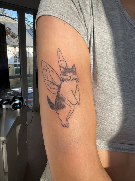 Cat Wings Tattoo, Pudge The Fish Tattoo, Cat Tattoo With Wings, Cat With Wings Tattoo, Animals With Fairy Wings Tattoo, Angel Cat Tattoo, Fairy Cat Tattoo, Kitty Fairy Tattoo, Cat Memorial Tattoo