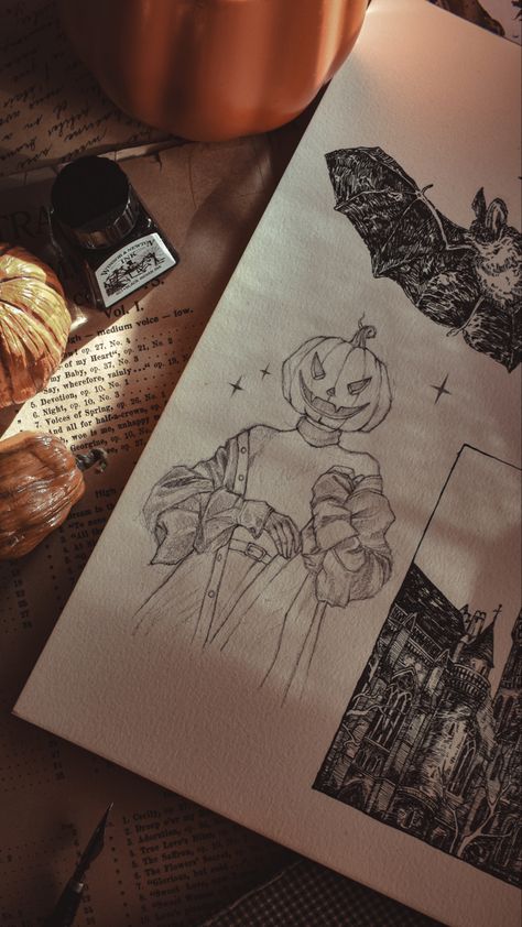 Spooky Line Drawing, Bat Ink Drawing, Halloween Sketches Aesthetic, Pumpkin Illustration Drawing, Sketchbook Ideas Halloween, Autumn Sketchbook Ideas, Halloween Love Drawings, Autumn Sketches Pencil, Fall Sketchbook Ideas