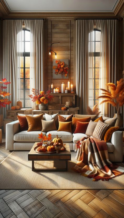 A cozy living room with an autumnal theme. Beige sectional sofa with a soft throw draped over. Coffee table decorated with fall accents. Wooden console table displays decor. Light filters in, enhancing the room's cozy vibe. Fall Sofa Pillow Ideas, Fall Inspired Living Room, Curtains Inspiration, Fall Living Room Ideas, Cozy Fall Living Room, Sectional Sofa Beige, Autumn Living Room, Cozy Pillows, Beige Sectional