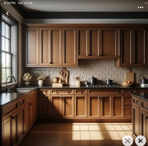 Brown Cabinets Black Countertops, Dark Wood Cabinets Kitchen, Black Granite Countertops Kitchen, Kitchen Black Counter, Modern Kitchen Countertops, Brown Cabinets Kitchen, Black Granite Kitchen, Natural Cabinets, Brown Granite Countertops