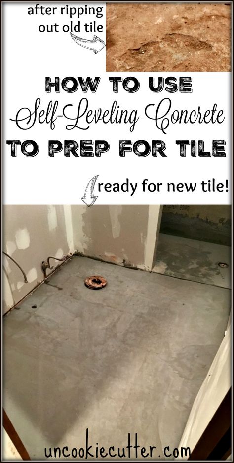 How to Use Self-Leveling Concrete to prep your floor for tile - UncookieCutter.com Concrete Over Tile Floor, Renovate Bathroom, Self Leveling Concrete, Concrete Cracks, Self Leveling Floor, Half Bath Makeover, Leveling Floor, Basement Decoration, Tile Diy