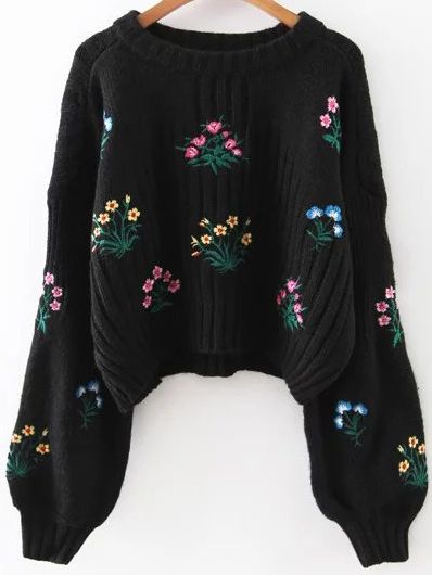 Embroidery lantern sleeves sweater Mens Fashion Sweaters, Drop Shoulder Sweater, Mens Fashion Edgy, Pola Sulam, Latest Street Fashion, 자수 디자인, Drop Shoulder Sweaters, Embroidered Sweater, Black Flower