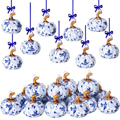 PRICES MAY VARY. Ceramic Ornament Set: you will receive 18 pieces of porcelain pumpkin ornaments, 2 of each style, which are inspired by traditional blue and white chinoiserie to help you make a creative tree decoration Delightful Holiday Decorations: whether you hang the blue and white porcelain decoration on your Christmas tree or place them around your house to add an Asian style, they can make attractive decorations; This delightful ornament set is the nice holiday gift Suitable Size: these Blue And White Pumpkins, Chinoiserie Ornaments, Pumpkin Ornaments, Fall Pumpkin Decor, Nice Holiday, Blue And White Chinoiserie, Autumn Decoration, Ornaments For Christmas, Porcelain Ornaments