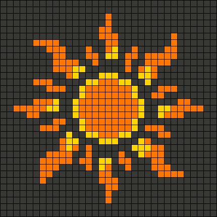 Alpha pattern #40486 | BraceletBook Sun Cross Stitch Pattern Free, Minecraft Sun Pattern, Sun Knitting Chart, Pixel Art Sun And Moon, Sun Alpha Pattern, Fun Cross Stitch Patterns, Sun Minecraft, Sun Pixel Art, Pixel Art Nature