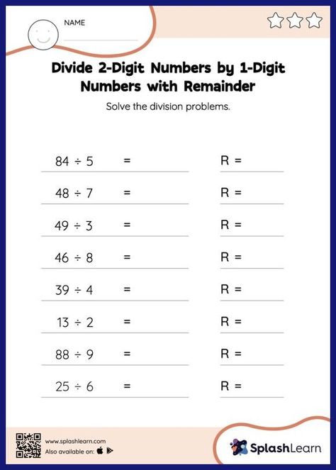 Divide 2-Digit Numbers by 1-Digit Numbers with Remainder: Horizontal Division - Math Worksheets - SplashLearn Long Division Method, Vocabulary Lesson Plans, Phonics Lesson Plans, Fraction Lessons, Geometry Lessons, Coordinate Graphing, Writing Lesson Plans, Cursive Writing Worksheets, Reading Lesson Plans