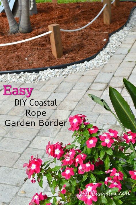 DIY coastal rope garden border fence tutorial. Works for any size area, make a rope fence short or tall. Simple one day DIY H2OBungalow Driveway Bridge, Garden Border Fence, Plastic Garden Edging, Garden Styling, Rope Fence, Rope Railing, Cottage Outdoor, Rope Projects, Garden Border