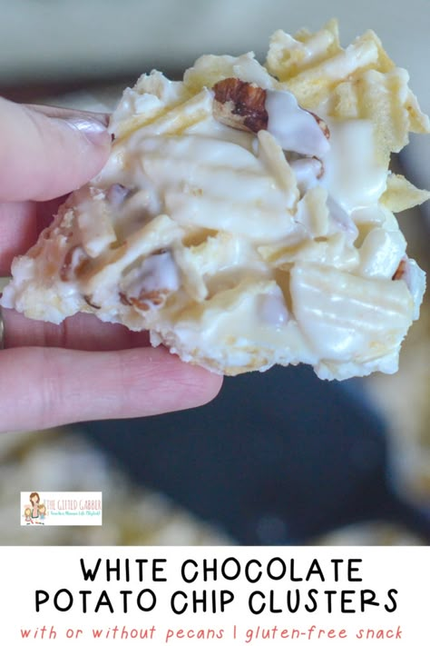 No Bake Potato Chip Cookies, Potato Peanut Butter Candy, Snacks With White Chocolate, Potato Chip Treats, Potato Chip Clusters Recipe, White Chocolate Potato Chip Clusters, Potato Chip Bark Recipes, Potato Chip Chocolate Clusters, Potato Chip Candy Recipe