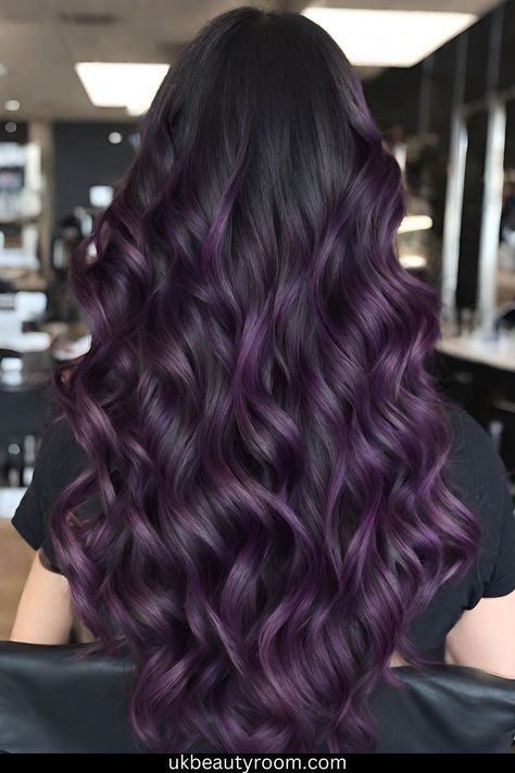 Purple Balayage Long Hair, Purple Highlights Black Hair Straight, Purple Hair Highlights On Black Hair, Midnight Red Hair, Unique Hair Color Ideas For Black Hair, Dark Purple Hair With Brown, Dark Hair Dye Ideas, Dark Brown Purple Hair, Natural Purple Hair