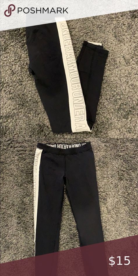 Under armor workout leggings Under armor workout leggings size small. Has a white logo stripe on one side. Under Armour Pants & Jumpsuits Track Pants & Joggers Under Armour Pants, Under Armor, Workout Leggings, Track Pants, Under Armour, Pant Jumpsuit, White Black, Black Jeans, White And Black