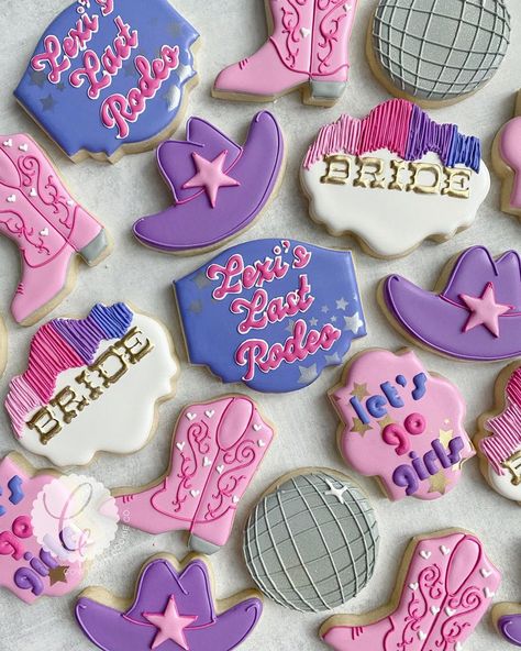 Cowtown Cookie Co. on Instagram: “Saddle up ladies, it’s Lexi’s last rodeo👰💕🎉⭐️💜 Can we please talk about this theme?!! Disco cowgirl, Spacey Kacey, meets Shania Twain🎉🙌🏼💕 I’m…” Shania Twain First Birthday Theme, Bachelorette Party Shania Twain, Shania Twain Cookies, Disco Cowgirl Bachelorette Cookies, Ranch Bachelorette, Let’s Go Girls Birthday Party, Cowgirl Themed Bachelorette Party, Bachelorette Party Cookies, Cowgirl Cookies