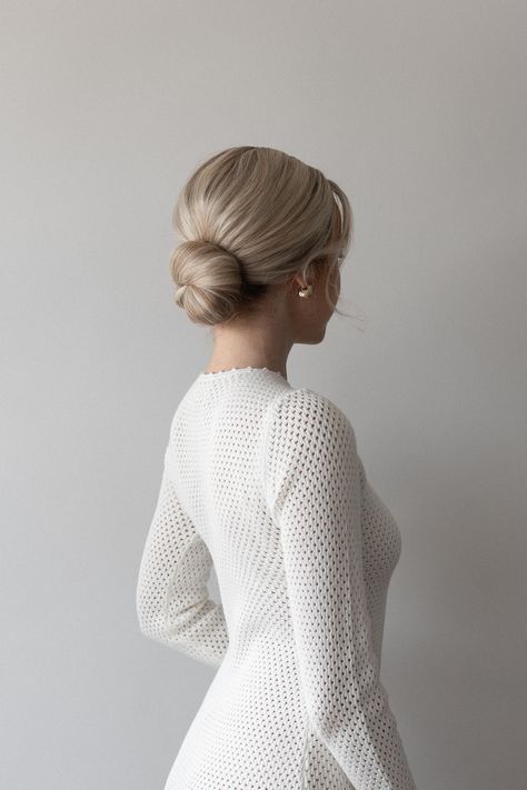 Easy Low Bun Hairstyle | Wedding, Bridesmaid Low Bun Ears Covered, Low Loop Bun, Low Bunny Hairstyle, Low Bun Front View, Tight Low Bun, Tight Bun Hairstyles, Low Elegant Bun, Classy Low Bun, Bun Hairstyle Wedding