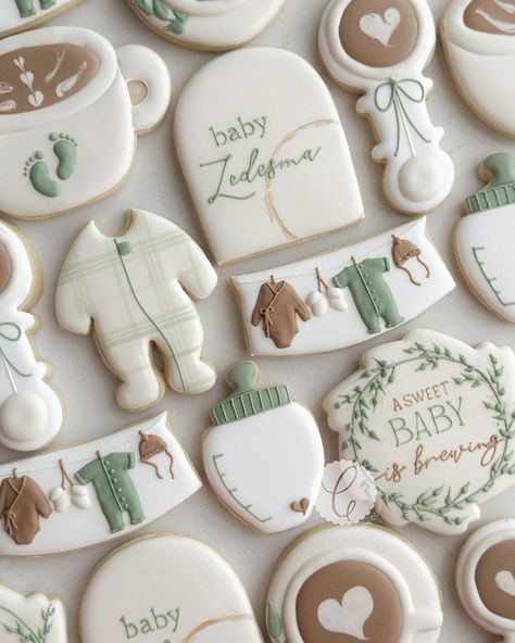 Gingham Cookies, Something Sweet Is Brewing, Boy Baby Shower Cookies, Baby Shower Cookies Neutral, Coffee Baby Shower, Baby Boy Cookies, Gender Reveal Cookies, Bear Baby Shower Theme, A Baby Is Brewing