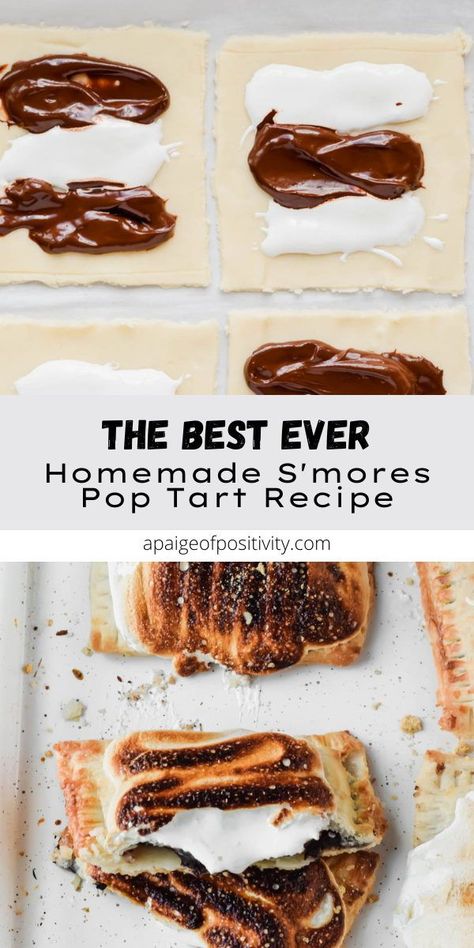 The ridiculously tasty, decadent sweet treat you didn't know you needed. These Homemade S'mores Pop Tarts have rich, ooey chocolate fudge and sweet marshmallow fluff sandwiched between flaky pie crust, all topped with a toasted marshmallow frosting for a next level delicious dessert. Homemade S’mores Pop Tarts, Pop Tarts Smores, Homemade Smores Pop Tarts, Cookies And Cream Pop Tarts, S’mores Poptarts, Smore Poptarts, Poptart Recipe Homemade, Sourdough Pop Tarts, Smores Pop Tarts