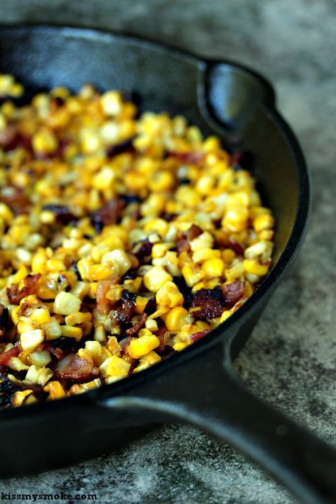 Grilled Charred Skillet Corn with Bacon Leftover Corn On The Cob, Corn With Bacon, Leftover Corn, Corn Butter, Bacon Corn, Skillet Corn, Outdoor Cooking Recipes, Grilled Fruit, Cast Iron Skillet Recipes