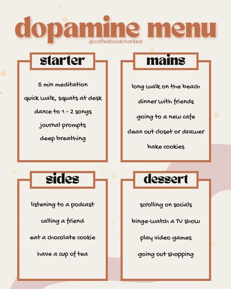 <> I’ve been seeing this all over TikTok recently so of course I wanted to create my own dopamine menu. A dopamine menu is a new journaling technique that lists a bunch of activities that gives you those “feel-good” emotions. What’s on your dopamine menu? Swipe for templates! 👉🏽 More templates available on my blog! 🔗 coffeebookmarked.com 🏷️ #journaling #journalideas #DopamineMenu #journalprompts #coffeebookmarked Low Dopamine Activities, Dopamine Journal, Dopamine Menu Template, Dopamine Activities, Dopamine List, Dopamine Menu Ideas, Self Care Menu, Dopamine Design, Ozempic Diet