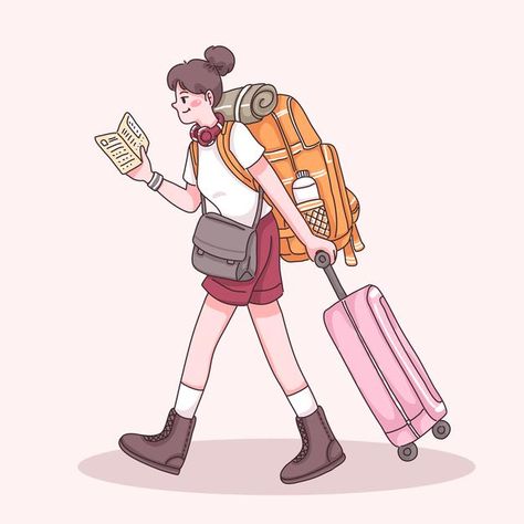 Travelling Illustration Art, Girl Travel Drawing, Girl With Backpack Drawing, Travel Cartoon Illustration, Travelling Sketch, Traveller Illustration, Traveler Drawing, Traveler Illustration, Traveling Drawing